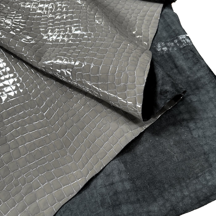 Italian Leather Side - Dark Gray Croc Embossed