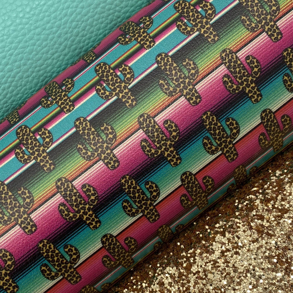 Leopard Cactus on Serape Printed Marine Vinyl Faux Leather