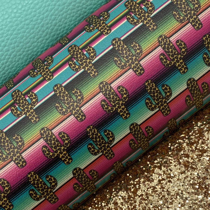 Leopard Cactus on Serape Printed Marine Vinyl Faux Leather