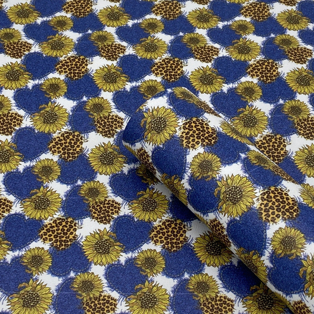 Denim Sunflower Printed Marine Vinyl Faux Leather
