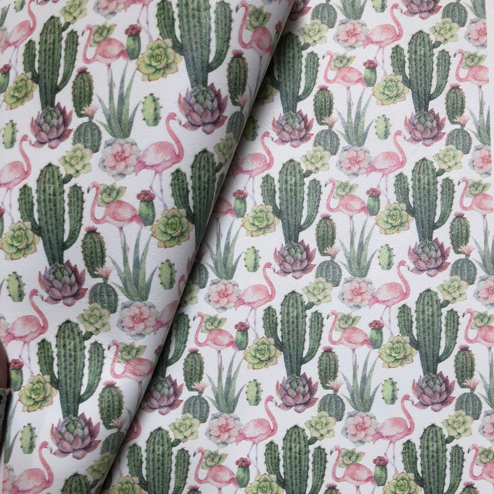 Flamingo Cacti Succulent Printed Leather