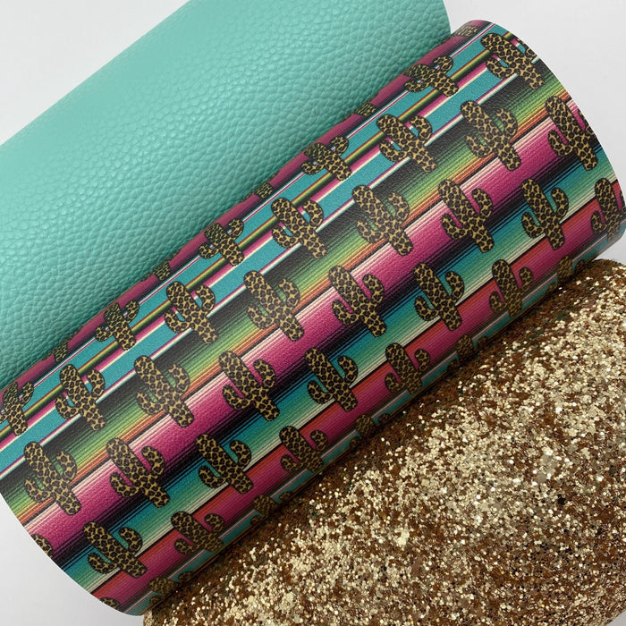 Leopard Cactus on Serape Printed Marine Vinyl Faux Leather
