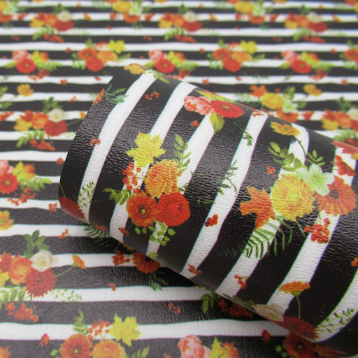 Striped Fall Floral Marine Vinyl Faux Leather