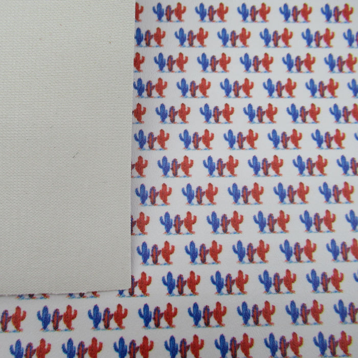 Red and Blue Cactus Printed Marine Vinyl Faux Leather