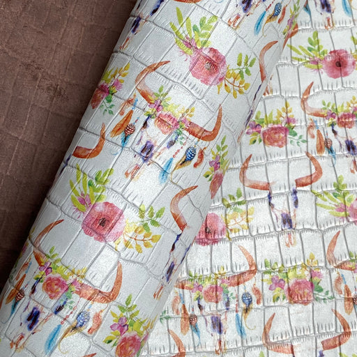 Partial Boho Cowskulls Embossed Printed Leather 18” x 37”