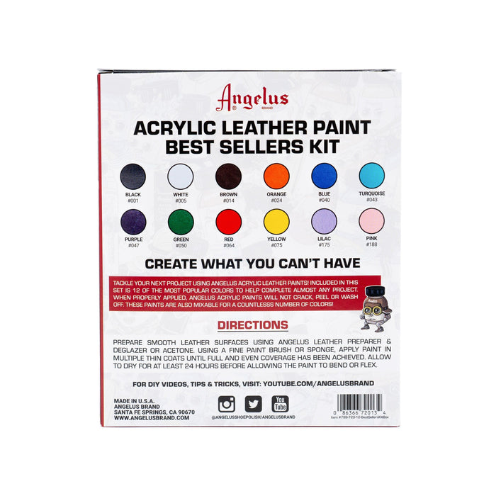 Angelus Acrylic Leather Paint - Best Sellers Kit 12 colors