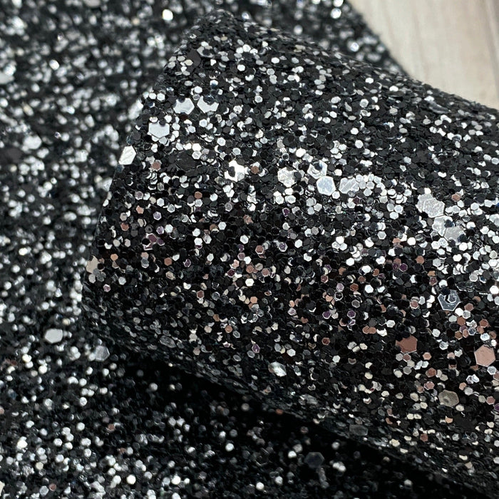 Chunky Glitter 12x12 True Silver METALLIC applied to Leather Cowhide now  on Black leather back 6.5 oz/2.4 mm PeggySueAlso® E4355-01