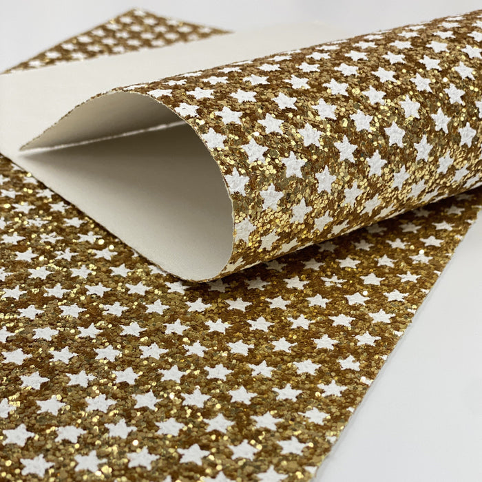 Gold glitter with white stars glitter fabric faux leather