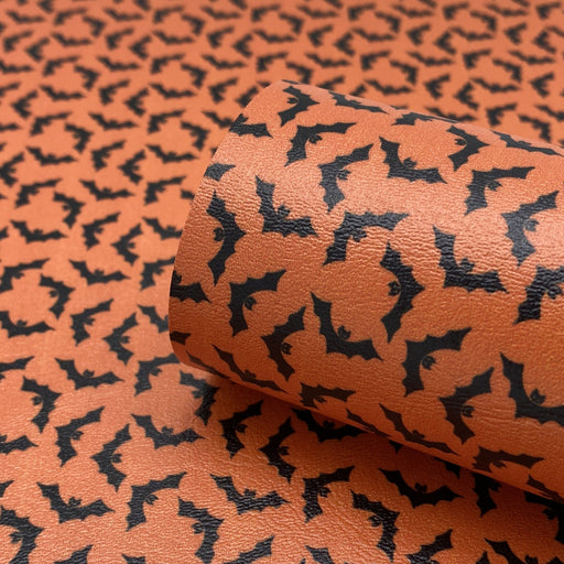 Orange and Black Halloween Bat Printed Faux Leather