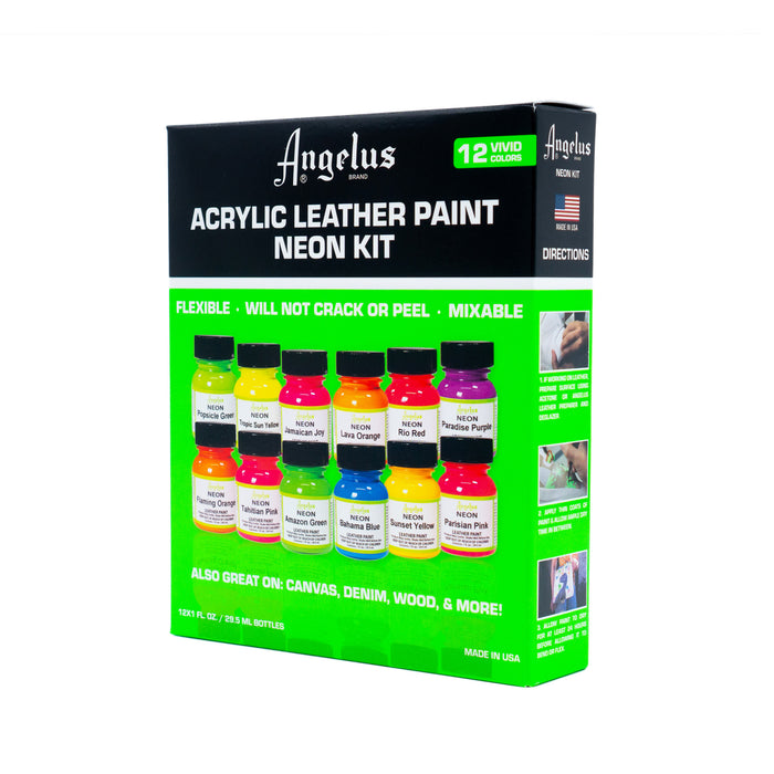 Angelus Neon Acrylic Leather Vinyl Paint Starter Kit / Set 12 1 oz Bottles