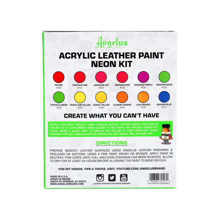 Angelus Acrylic Paint - Complete Neon Color Kit 12 Colors