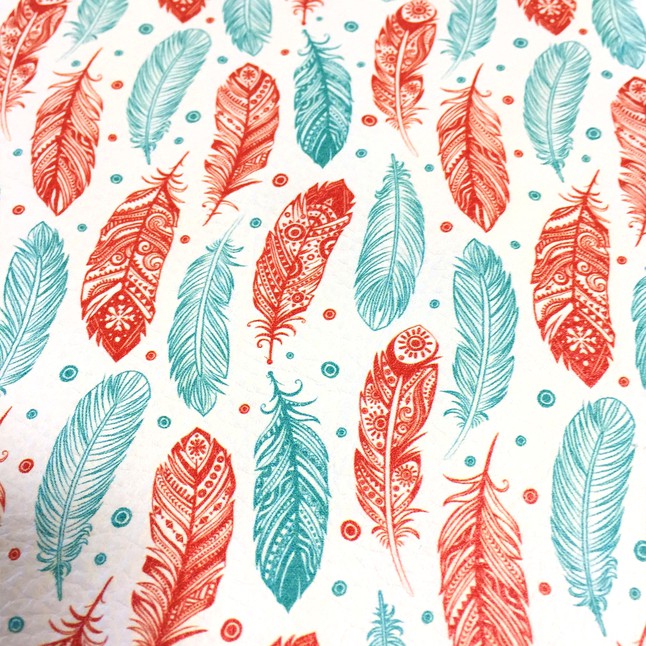 Bright Teal & Red Feathers Printed Leather